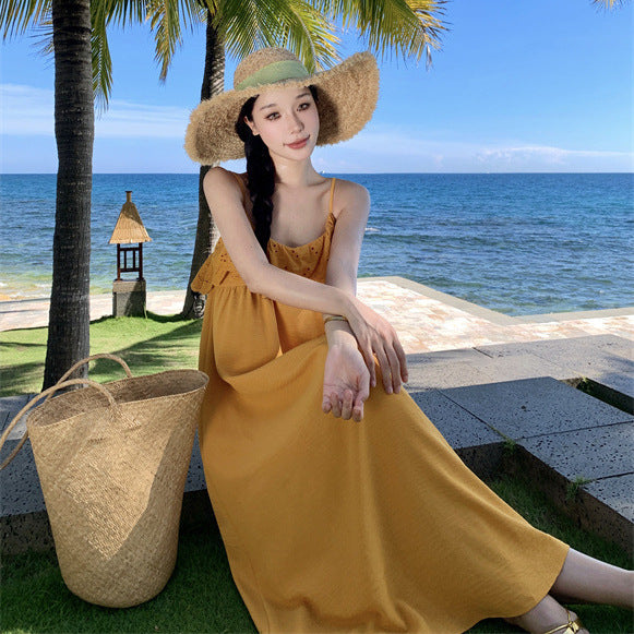 Yunnan Dali holiday warm yellow suspender dress female sweet small fresh Mori travel wear long skirt