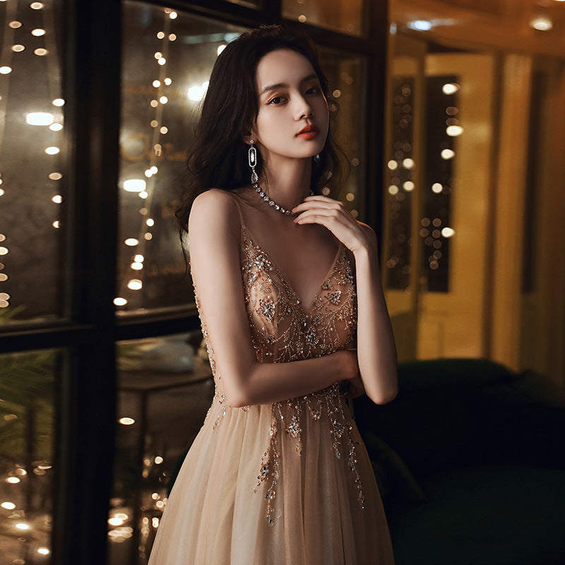 Evening dress dress girl 2025 new spring suspender annual meeting birthday party fairy long temperament banquet dress