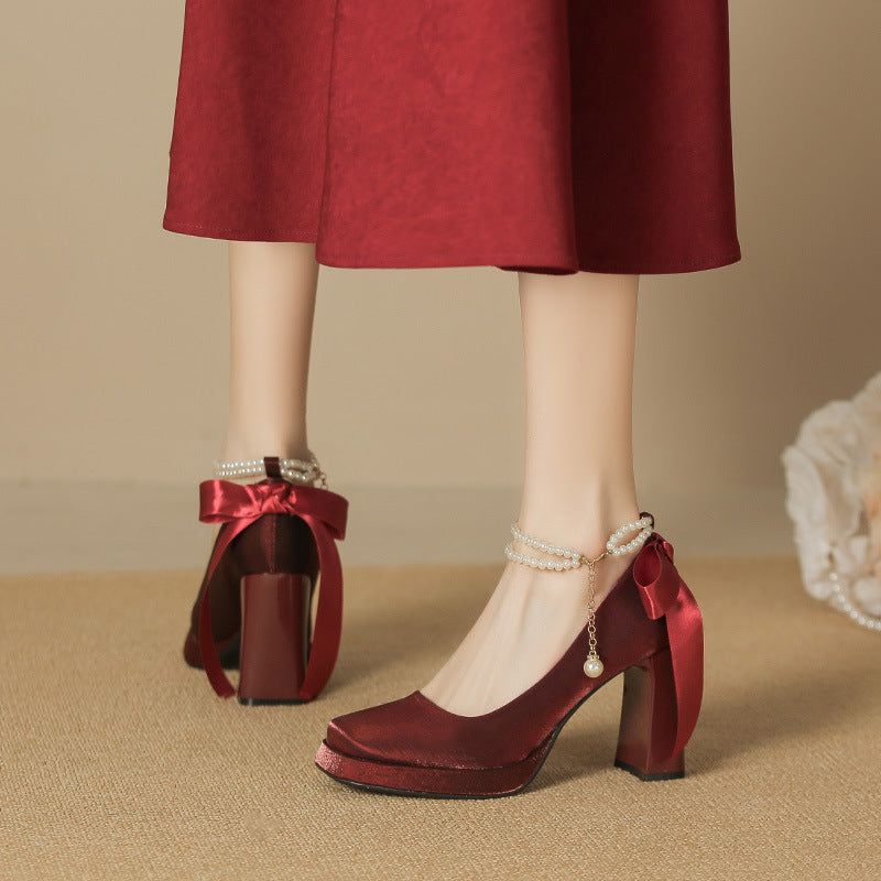 2025 8126-2 Suede Pearl Mary Jane Shoes Women's Square Head Thick Heel High Heel Single Shoes Bow Waterproof Table Single Shoes Women's