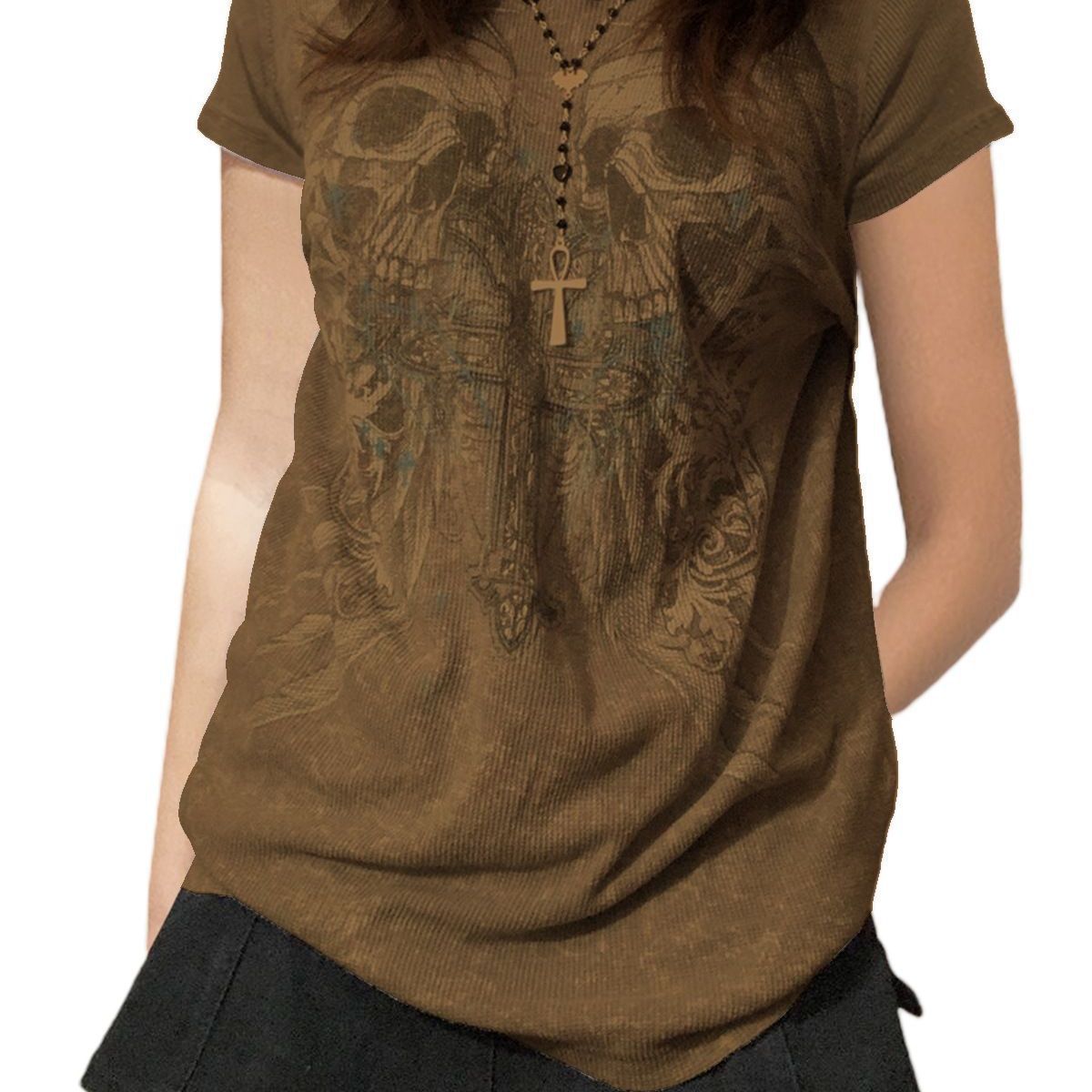 maoxiangshop 2000s fashion Summer New Casual Sweater T-shirt Halloween Skull Printed Short Sleeve Pullover Top Women's Clothing