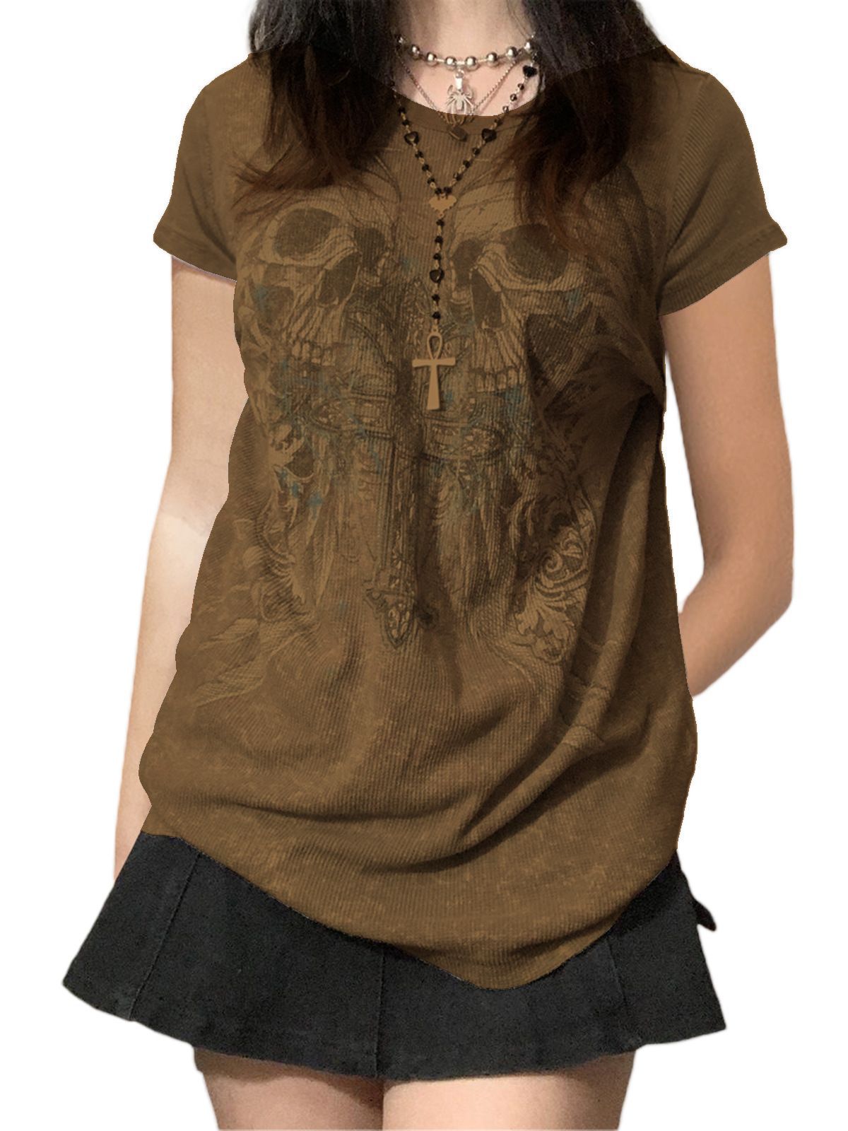 maoxiangshop 2000s fashion Summer New Casual Sweater T-shirt Halloween Skull Printed Short Sleeve Pullover Top Women's Clothing