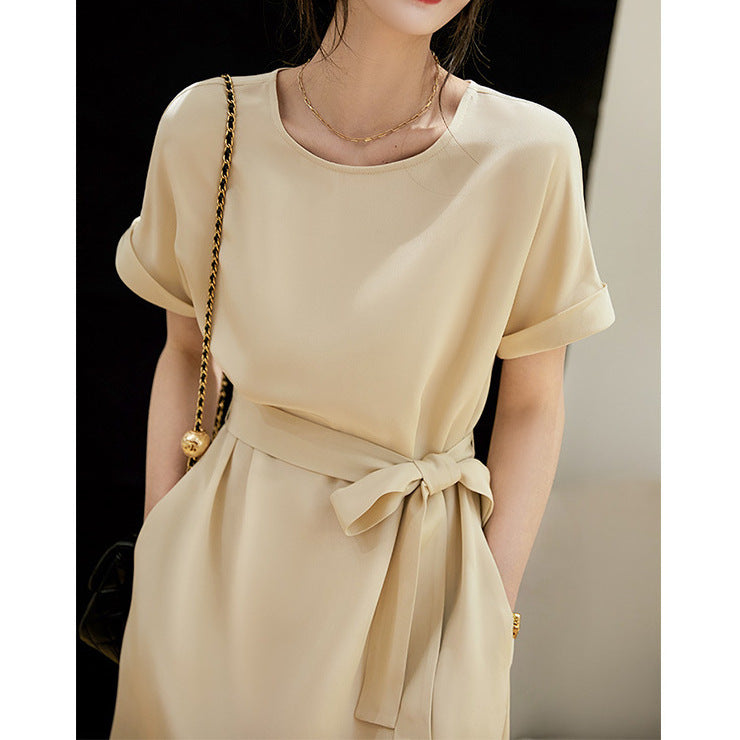 2025 High-end heavy silk, temperament lace-up dress, mulberry silk women's new medium and long skirt summer