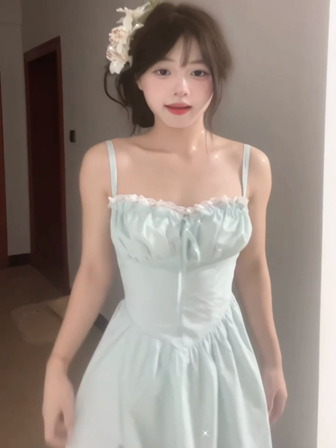 "Mint Mambo" ins wind summer seaside vacation wind A-word skirt dating super fairy suspender strap long dress women