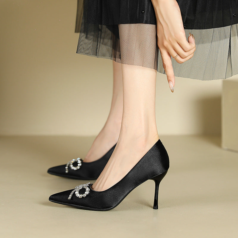 2025 811-B3 sexy suede bow rhinestone single shoes 2025 women's winter new pointed thin heel Korean version high heels