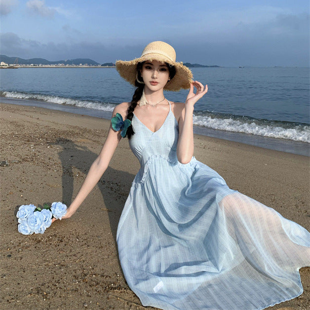 2025 Blue sleeveless suspender dress children's summer new high-end super fairy seaside vacation beach dress