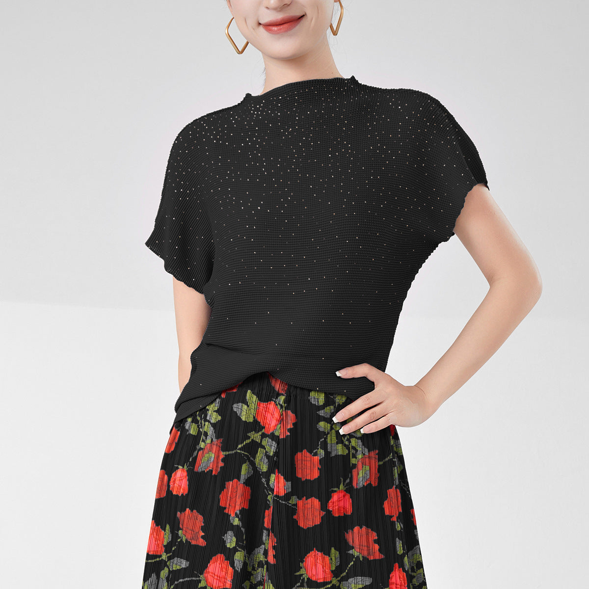 2025 Hot Diamond Women's T-Shirt Premium Sense Loose Cover Meat Skinny Pullover Commuter Versatile Short Sleeve Top