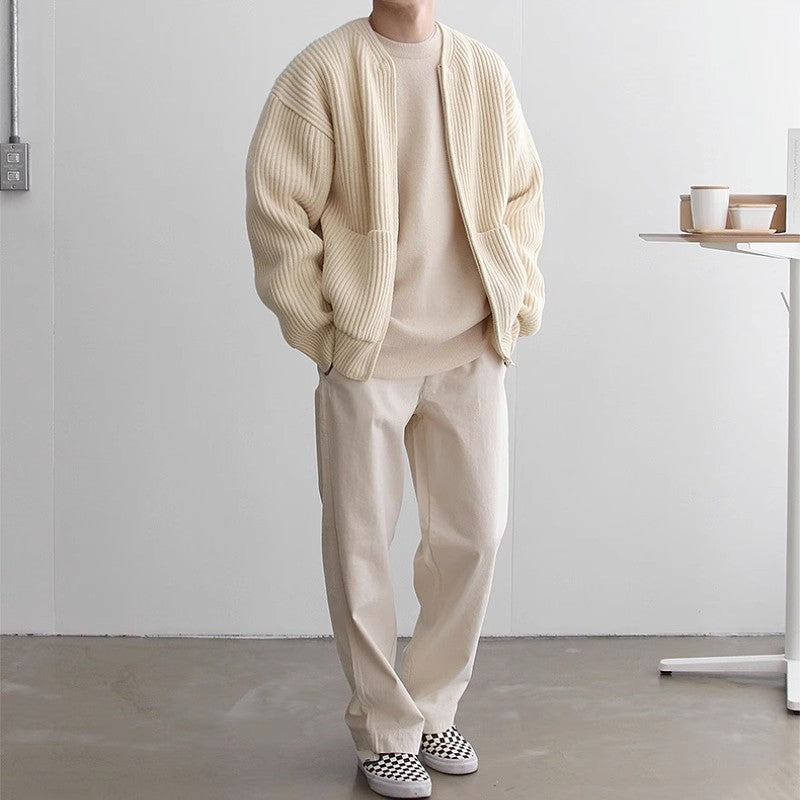 maoxiangshop-shop streetwear men outfits Solid Color round Neck Knitted Cardigan Coat Men's 2024 Autumn and Winter Fashion Youth Trendy All-Match Casual plus Size Top