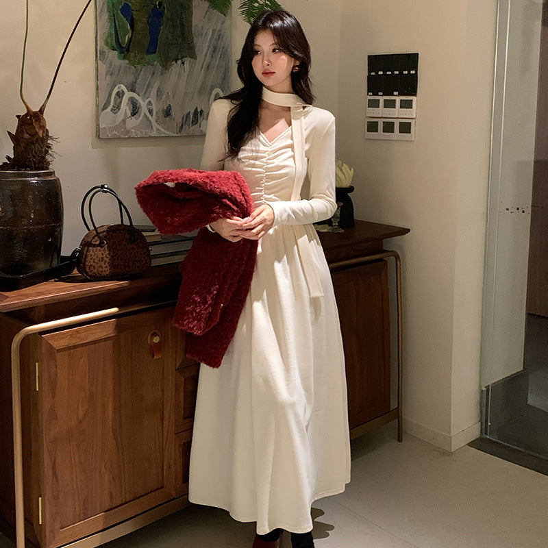 2025 popular autumn and winter high waist temperament V-neck neck dress temperament thin base long skirt 88141