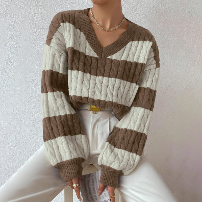 casual fall outfits Autumn and Winter Lazy Style New Knitwear Loose Fashion Women's V-neck Retro Contrast Color Striped Sweater