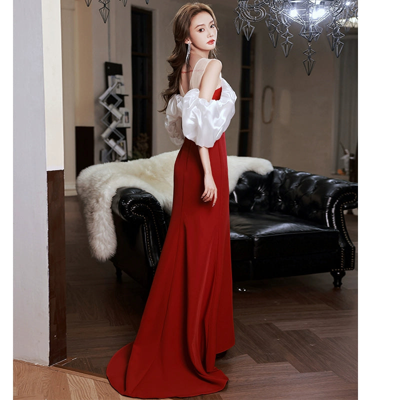 Evening dress women's banquet temperament can usually wear black high-end light luxury niche celebrity one-word shoulder trailing dress