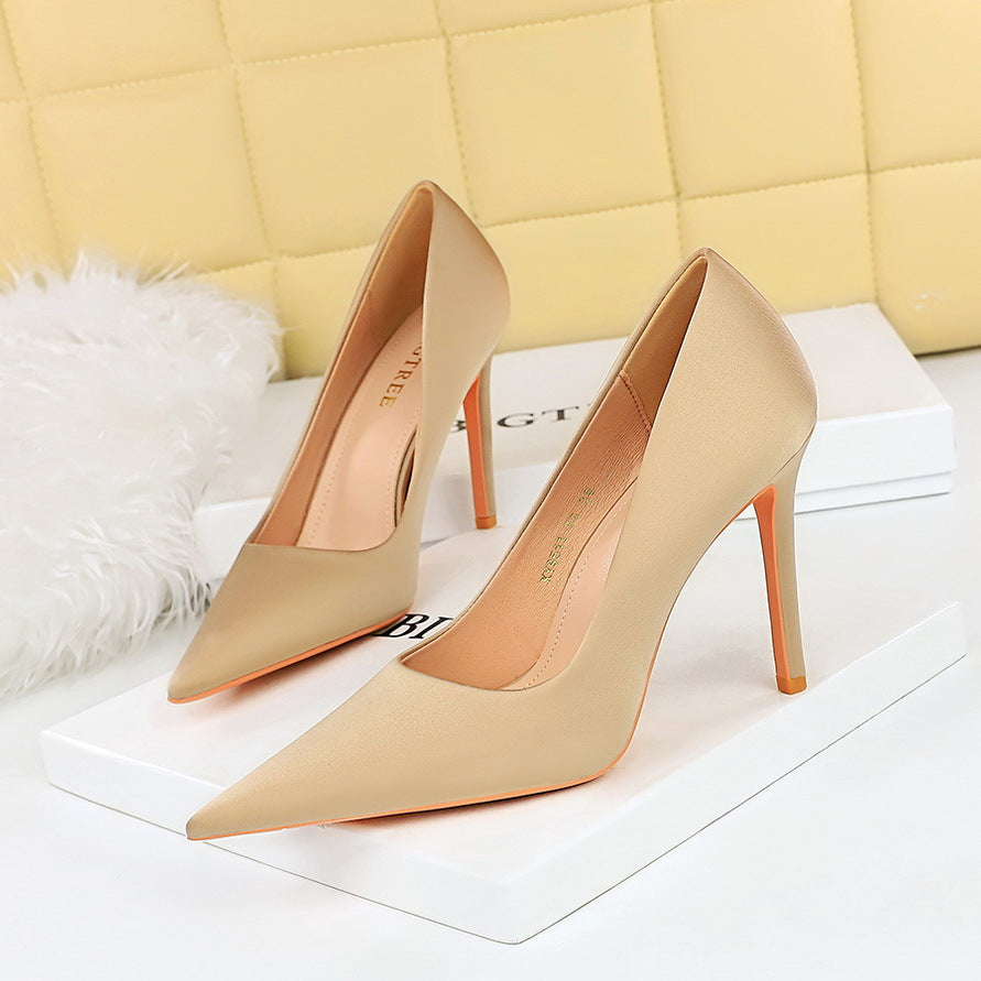 1983-2 Korean version of spring and autumn fashion simple satin high heels thin heels shallow mouth pointed women's shoes banquet high heels single shoes