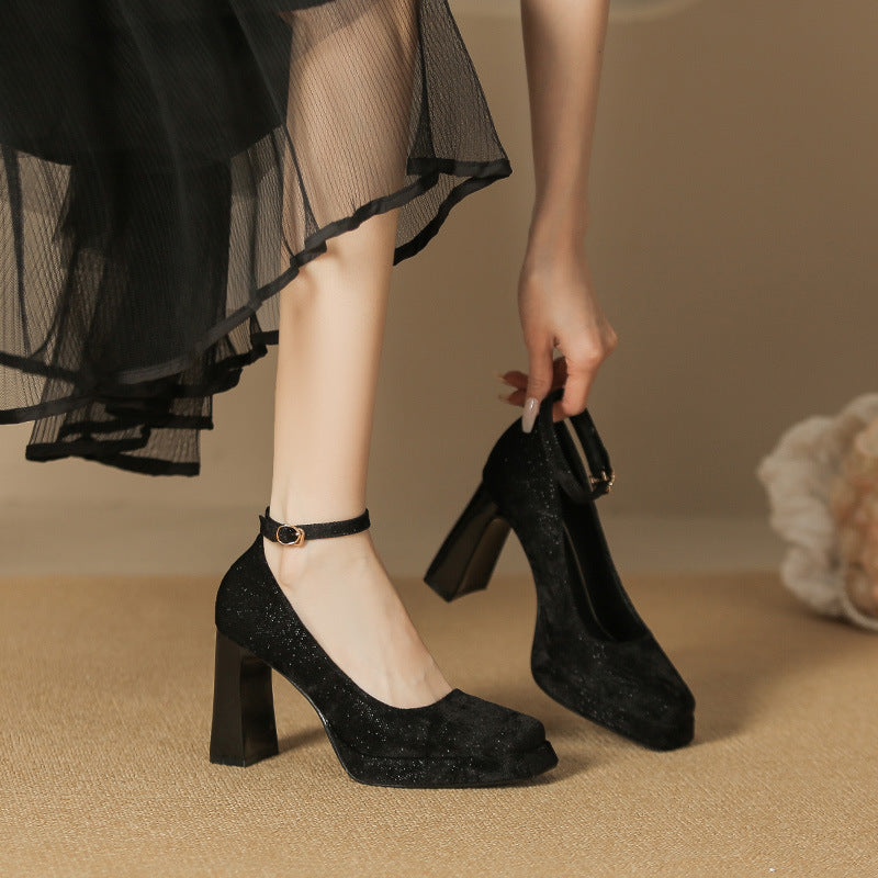 2025 8126-6 one-word square head thick heel Mary Jane shoes female Korean version fairy wind suede high heels waterproof table single shoes