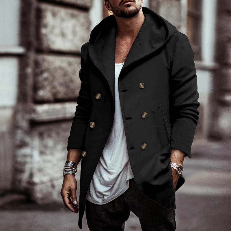 maoxiangshop-shop men’s fashion Autumn Men's Trench Coat Mid-Length Lapel Hooded Composite Space Cotton Double-Breasted Casual Trench Coat