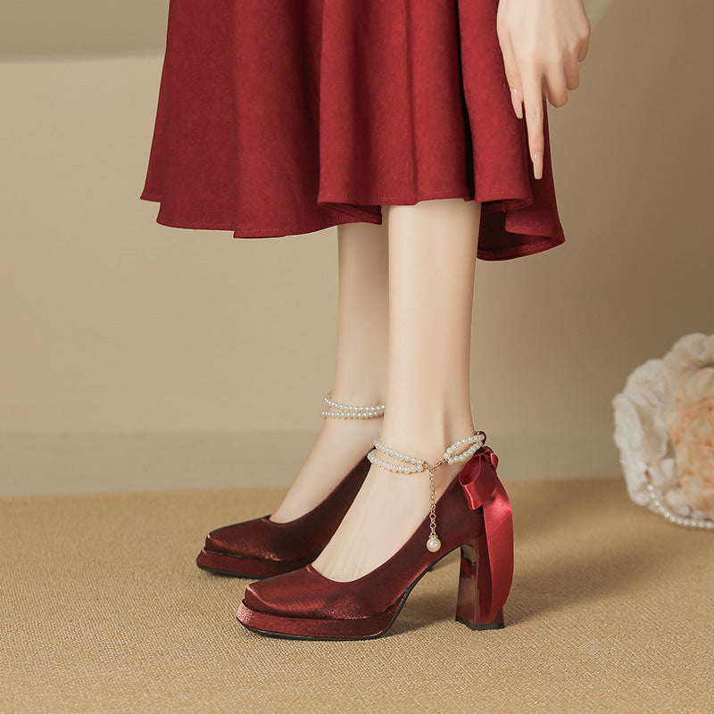 2025 8126-2 Suede Pearl Mary Jane Shoes Women's Square Head Thick Heel High Heel Single Shoes Bow Waterproof Table Single Shoes Women's