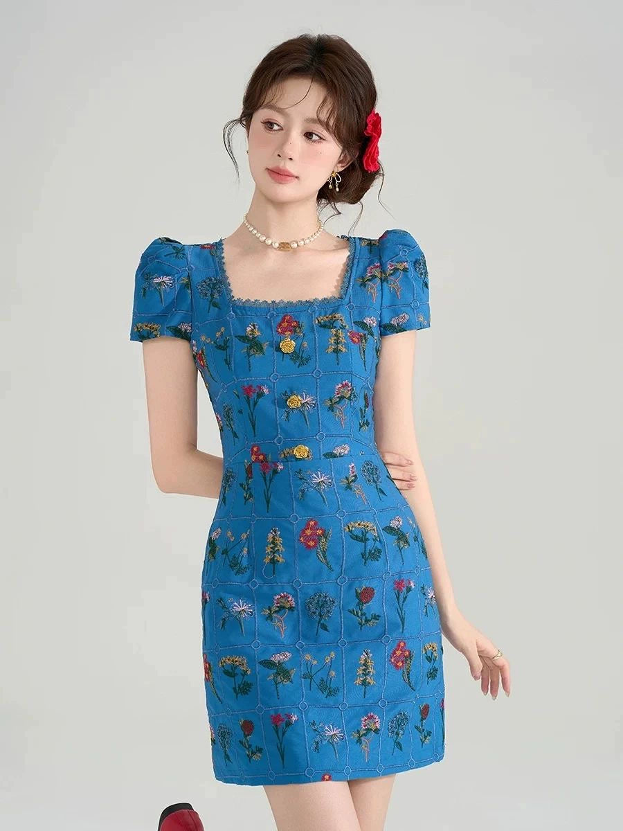 New Chinese style square neck short-sleeved floral dress women's clothing summer new unique and beautiful a-word skirt