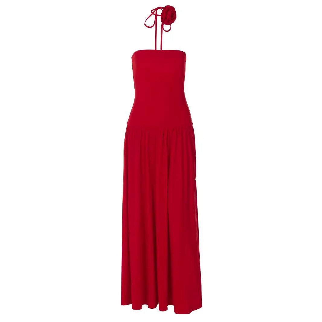 women's clothing summer new temperament elegant pleated design flower waist suspender dress