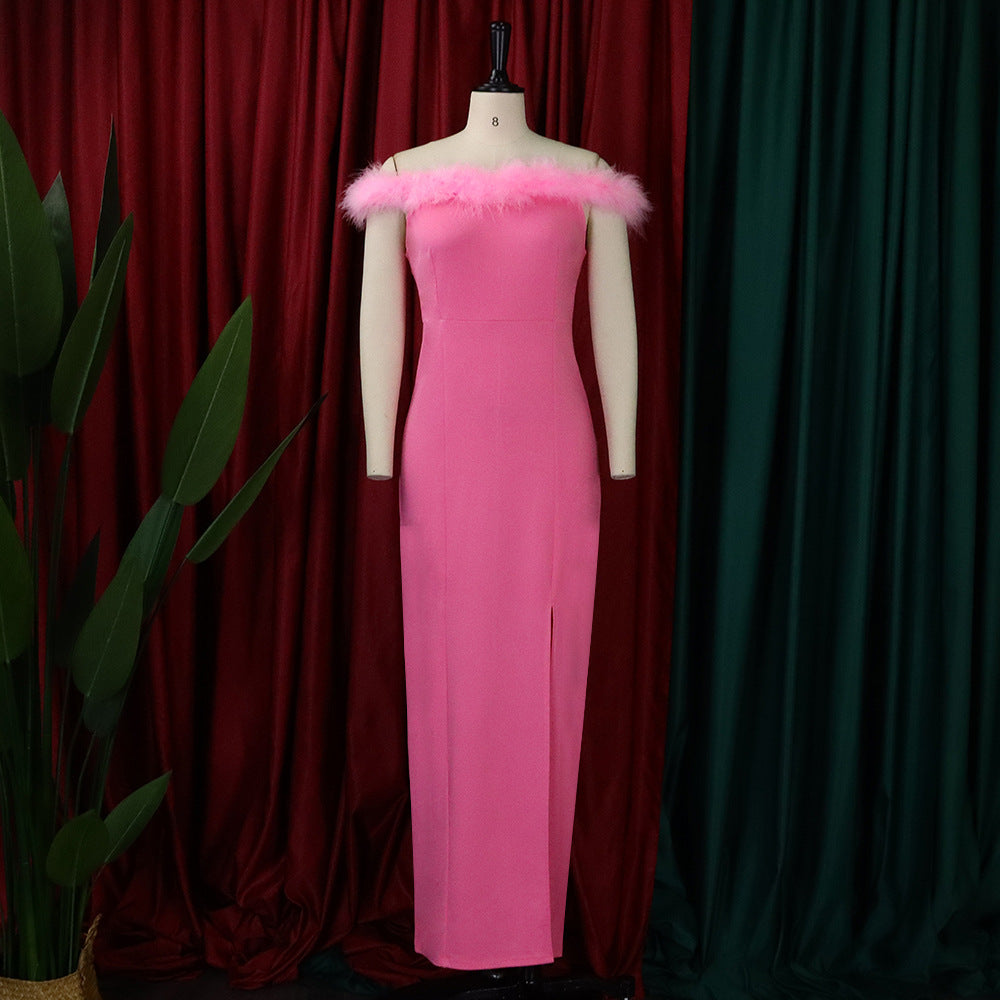 2025 D285 Cross-border Women's Clothing 2022 New 2025 Fashion Feather Banquet Evening Dress Dress Celebrity 2025 Long Dress