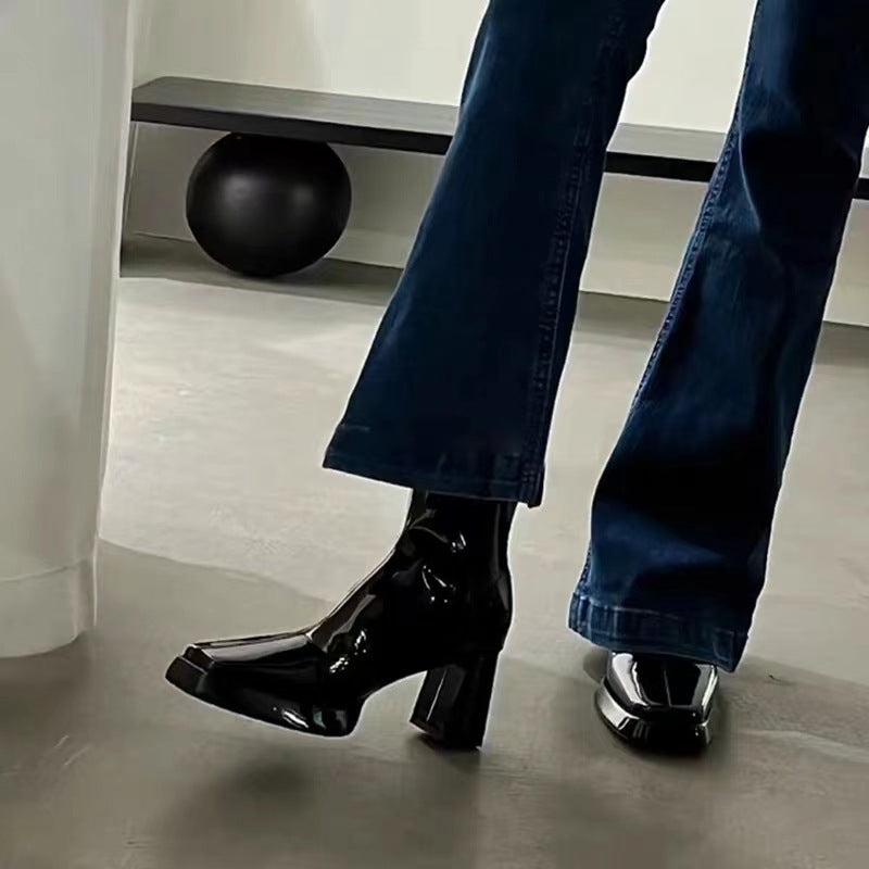 2025 square head thick heel small short boots women's black high heels rear zipper Martin boots patent leather thin boots winter