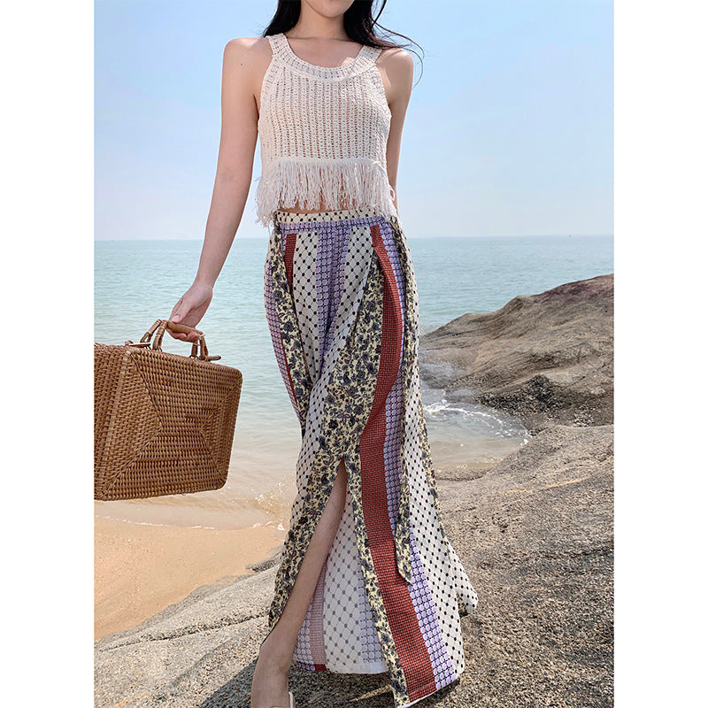 2025 Ethnic style wide-leg pants women's high-waisted drape culottes exotic style summer thin pants island vacation mopping pants trousers