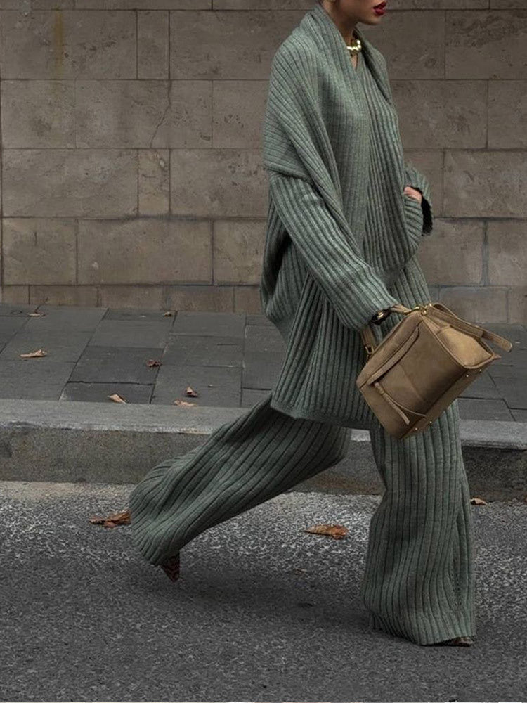 MAOXIANGSHOP 2025 Real shot - autumn and winter wool suit women's autumn and winter high-end sense solid color v-neck sweater straight trousers two-piece set women