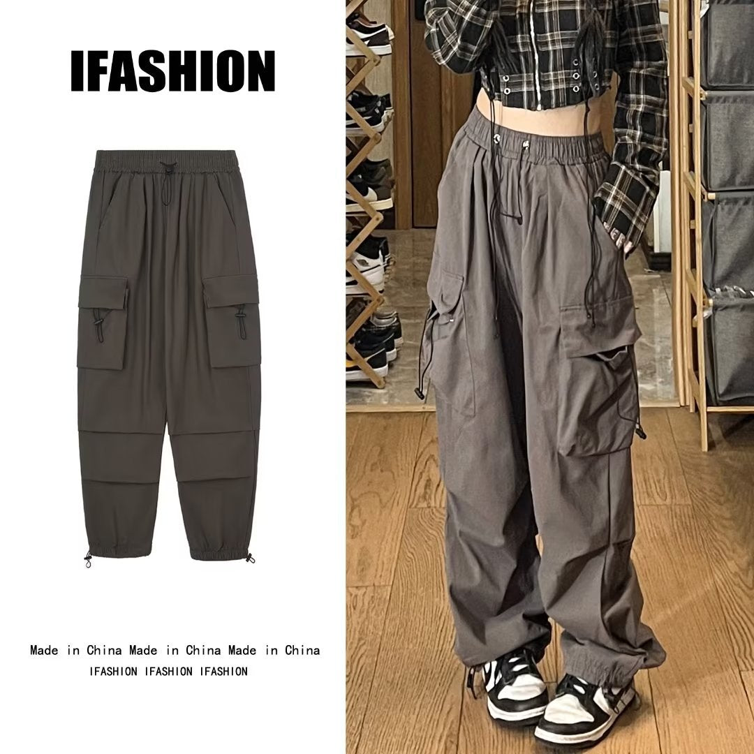maoxiangshop-shop tomboy outfit Spring Drawstring Ankle-Tied Men's Japanese Retro Loose Large Pocket Straight Overalls Wide Leg Pants Simple All-Match