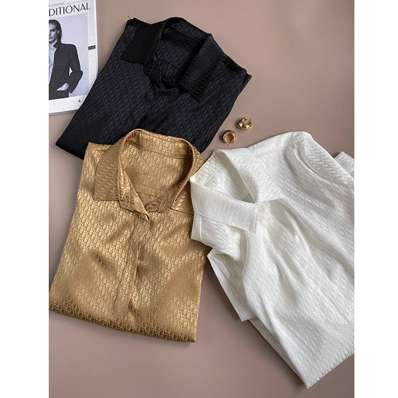 2025 Heavy silk satin high-end letter jacquard temperament mulberry silk shirt summer Hangzhou silk women's clothing