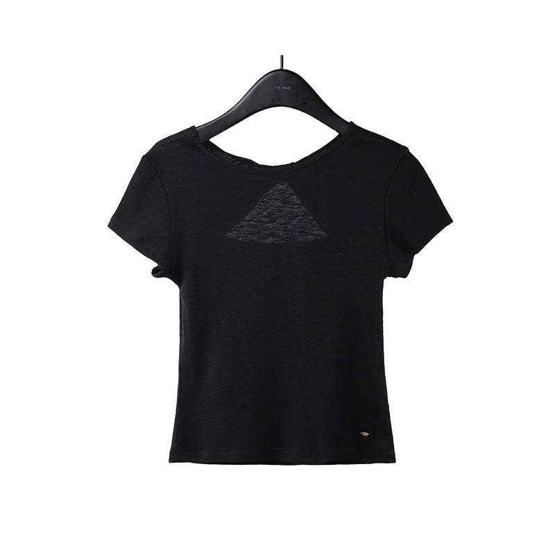 2025 kink backless design short-sleeved T-shirt women's 2025 summer Korean simple solid color top 015AX