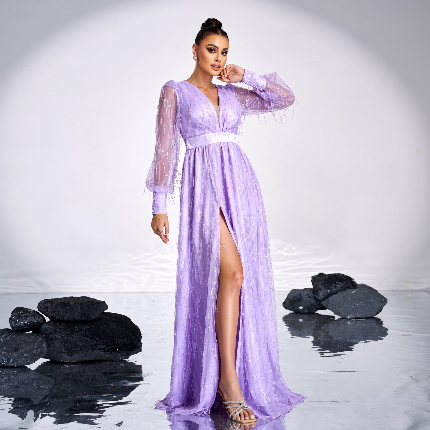 2025 high-end long-sleeved temperament V-neck sexy sequined banquet big swing evening dress bridesmaid dress dress women