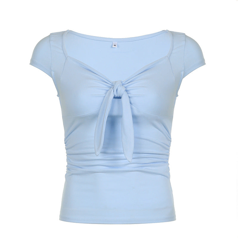 maoxiangshop 2000s fashion French Gentle Style Bow Chest T-shirt Pleated Waist Slimming Cute Rabbit Ears Lace-up V-neck All-Match Top