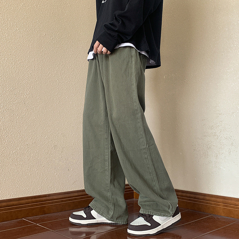 maoxiangshop-shop boy outfits American Retro Vibe Pants Ins High Street Army Green Jeans Men's Loose Straight Japanese Overalls