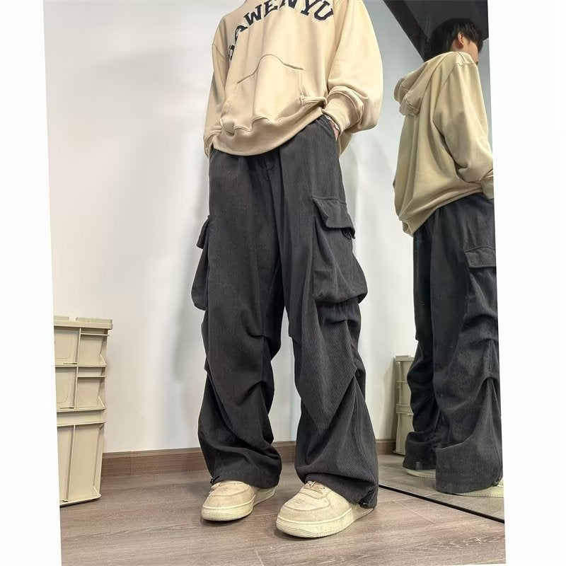 maoxiangshop-shop street fashion men streetwear New Corduroy Workwear Pants Men's Autumn and Winter Straight Casual Pants American Design Large Pocket Wide Leg Pants