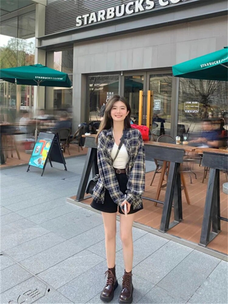 maoxiangshopPlaid Shirt Casual Women's Blouses Fashion Female Vintage Long Sleeve Loose Plaid Blouse Tops Chiffon Casual Shirts