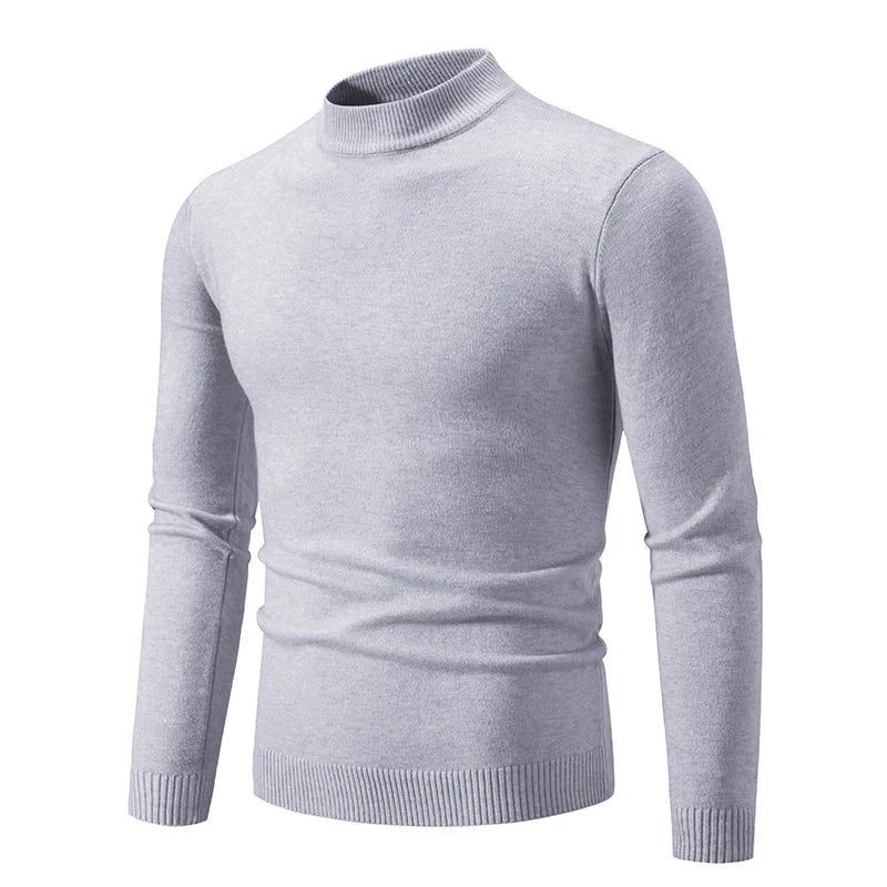 maoxiangshop Autumn New Sweater Men's Half High Neck Basic Solid Color Casual Versatile Round Neck Knit with Slim Fit Elastic Sweater Inside