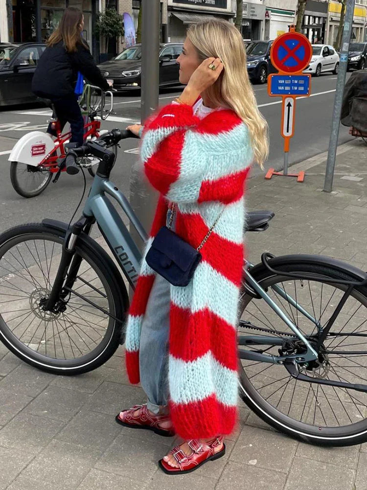 maoxiangshop - Chic Striped Knit Long Coat Women Lantern Sleeve Thicken Warm Cardigan Jacket 2024 Winter Fashion Female Street Outwears
