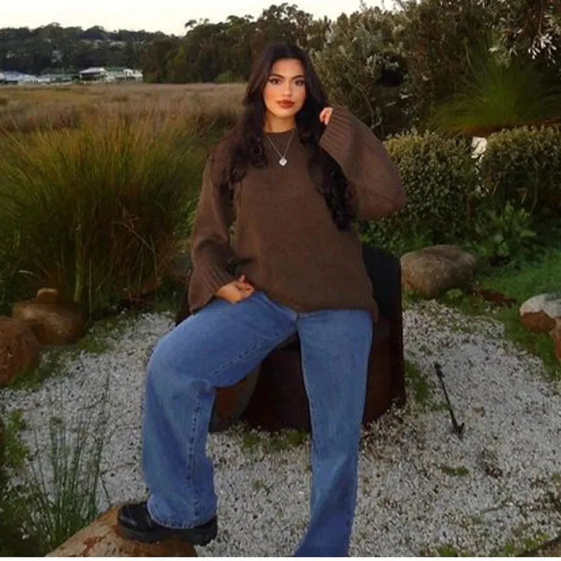 maoxiangshop - Loose Knitted Sweater Women Fashion O Neck Long Sleeve Pullover Top 2024 New Autumn Lady Office High Street Jumper Knitwear Top