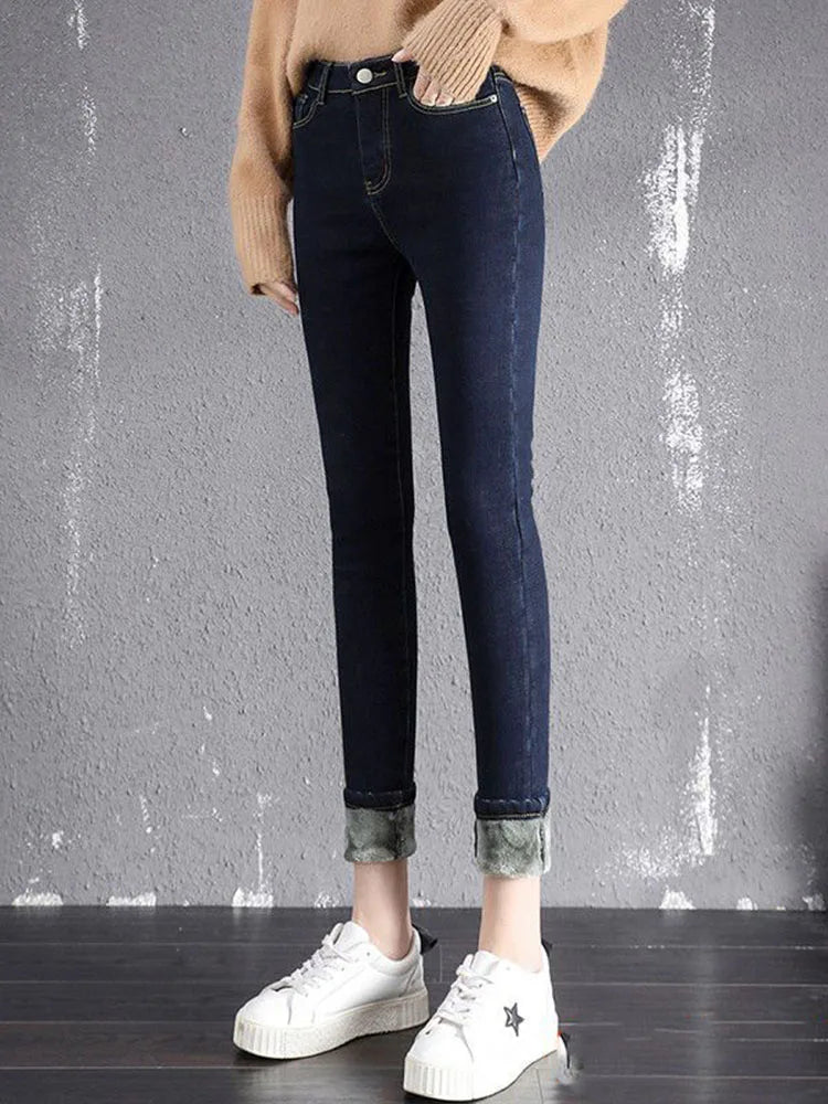 maoxiangshop Oversized Slim Velvet Lined Jeans Pencil Pants Winter Women Plush Stretch Vaqueros Trousers Mid Waist Thicken Warm Denim Spodnie