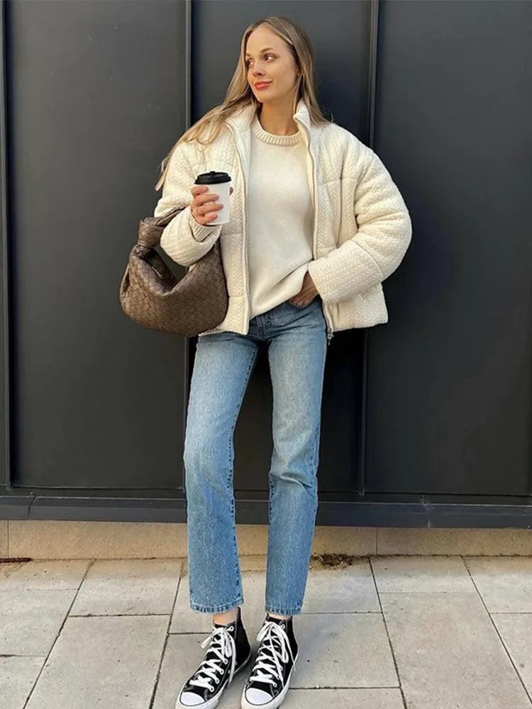 maoxiangshop - Knitting Cotton Print Down Short Jackets Women Thickening Solid Zipper Stand Collar Jacket Female Winter Chic Windproof Outwear