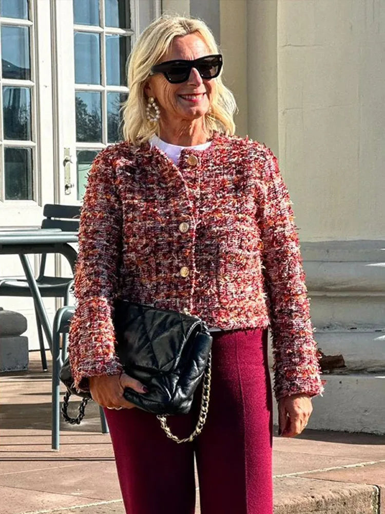 maoxiangshop - Elegant Knitting Woolen Short Jacket Woman Chic O-neck Single Breasted Jackets Female Autumn Fashion New Office Outwear Tops
