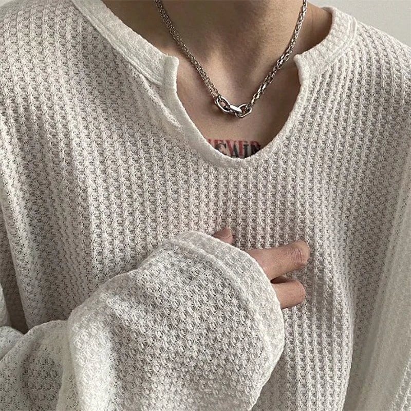 maoxiangshop Men's Retro Loose Lazy Stylish Long Sleeve T-Shirt Casual O Neck Solid Exposed Clavicle Tops Breathable Basic Shirt 2024 New