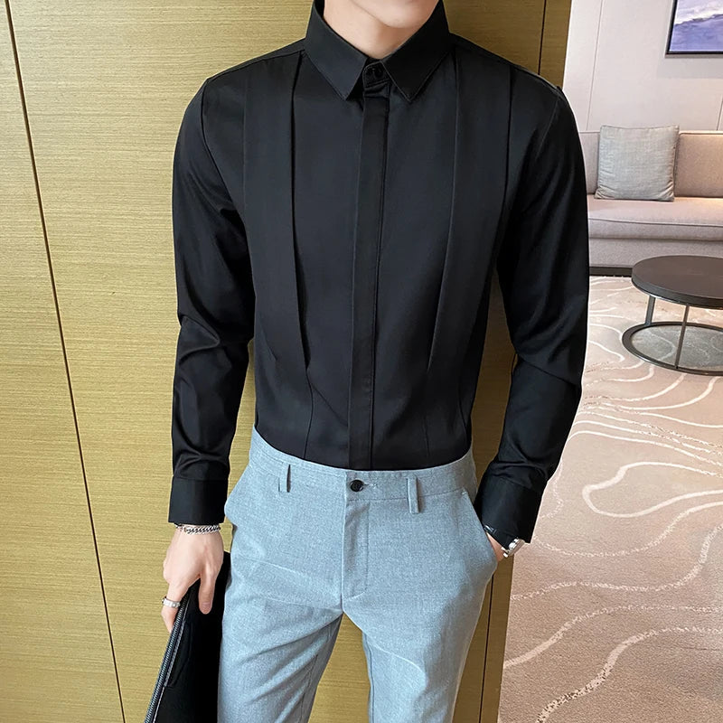 maoxiangshop British Style Fashion Fold Design Tuxedo Shirts Men Long Sleeve Slim Fit Casual Shirt Social Party Tops Plus Size 4XL 5XL