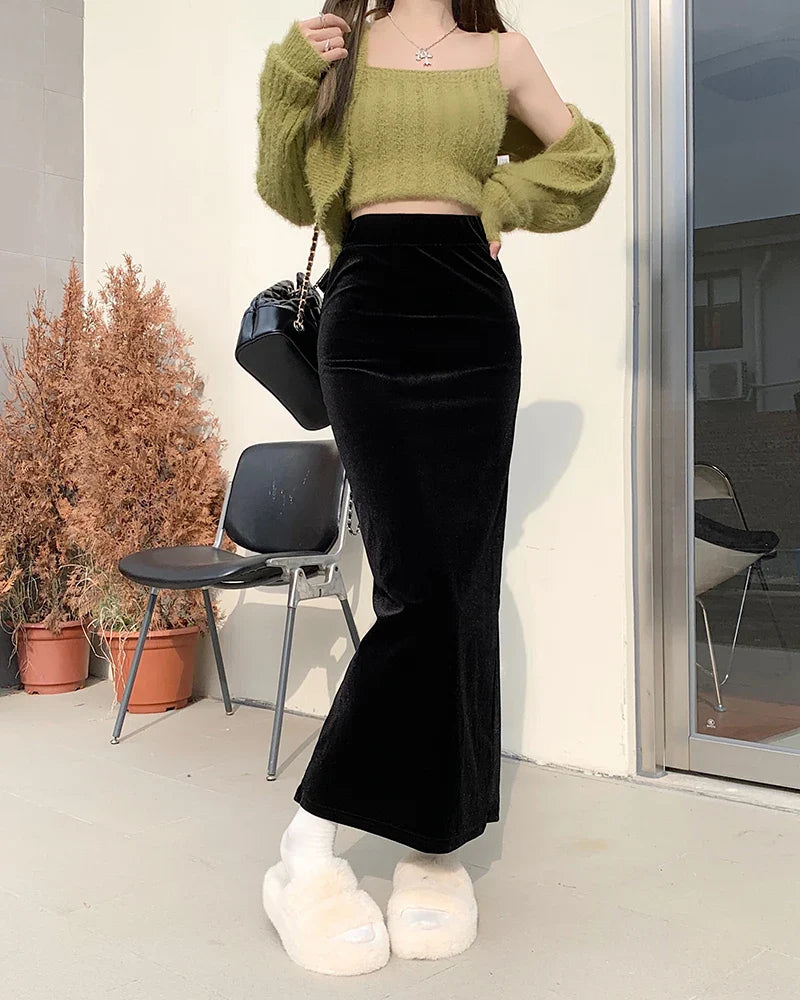 maoxiangshop Fish Tail Velvet Skirt Women Mermaid Trumpet Long Skirts Ankle Length Empire High Waist Skinny Bodycon Skirt Female