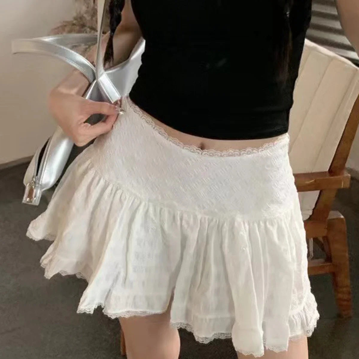 maoxiangshop - Lace Trim Kawaii Y2K Skirt Summer Women Trending Fashion Clothes 2024 Cotton Mini Skirts Girls Cute 2000s Vintage Short Skirts