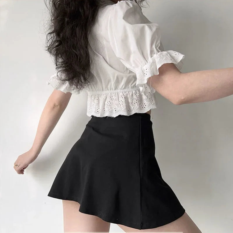 maoxiangshop Ruffle White Shirt Women Crop Top Sexy Hollow Out Elegant Puff Sleeve V-neck Bow Lace-up Blouses Summer Cute Short Shirt