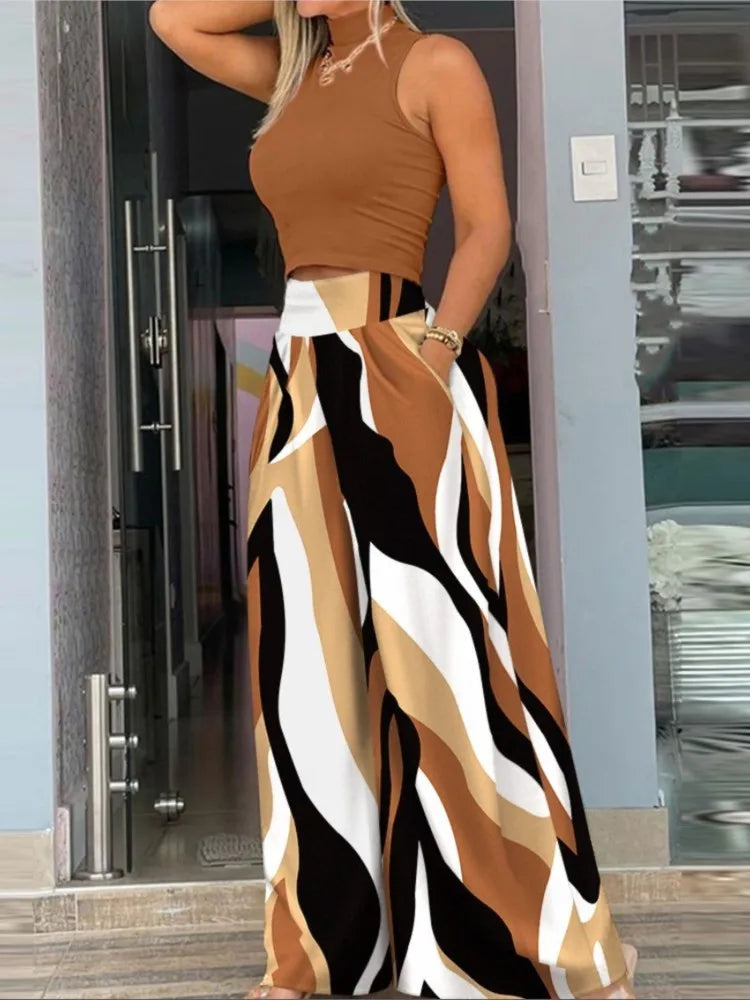 maoxiangshop Sexy Off Shoulder Sleeveless Blouse Pants Set Office Lady Spring Summer Print Tops Trousers Two Piece Set Women Outfit