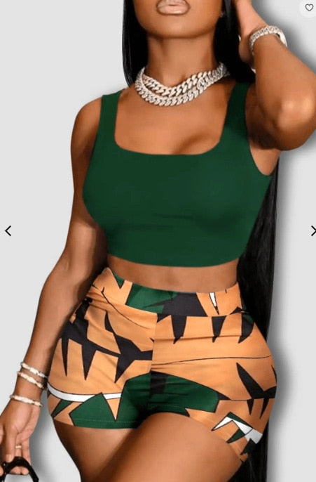 maoxiangshop Summer Women Slim Square Collar Vest Top And Digital Print Shorts Two 2 Pieces Set Beach Resort Wind Casual Outfits