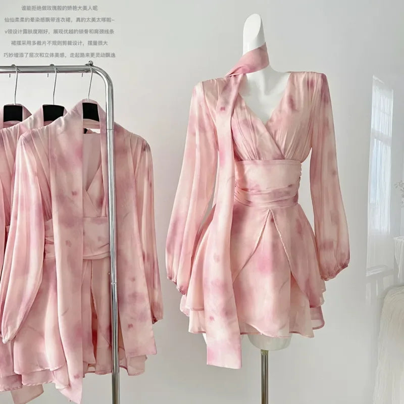 maoxiangshop - 2024 New Fall Gentle Long-sleeve Chiffon Fairy Dress Women Elegant Fashion V-Neck Sweet Dresses Holiday Printed Dress Vestidos