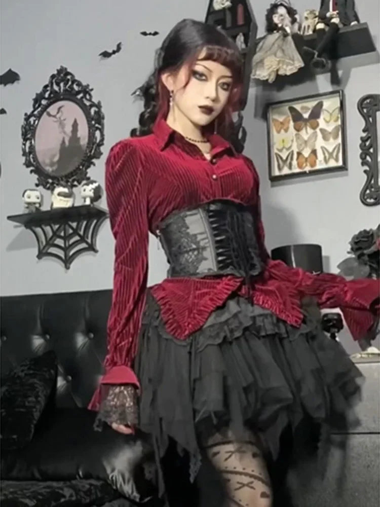 maoxiangshop Aesthetic Gothic Red Velvet Shirts Women Streetwear Fairy Grunge Long Sleeve Lace Patchwork Blouse Emo Alt Rave Outfits