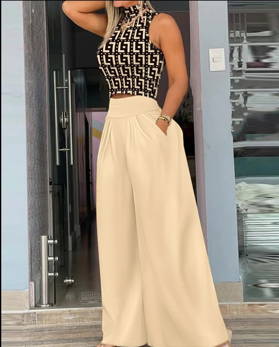 maoxiangshop Sexy Off Shoulder Sleeveless Blouse Pants Set Office Lady Spring Summer Print Tops Trousers Two Piece Set Women Outfit