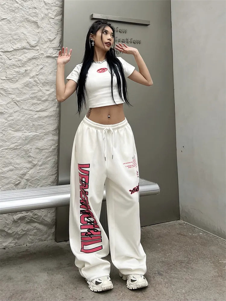 maoxiangshopDeeptown Korean Y2K White Sweatpants Women Streetwear Kpop Letter Print Sports Pants Oversized Hip Hop Wide Leg Jogging Trousers