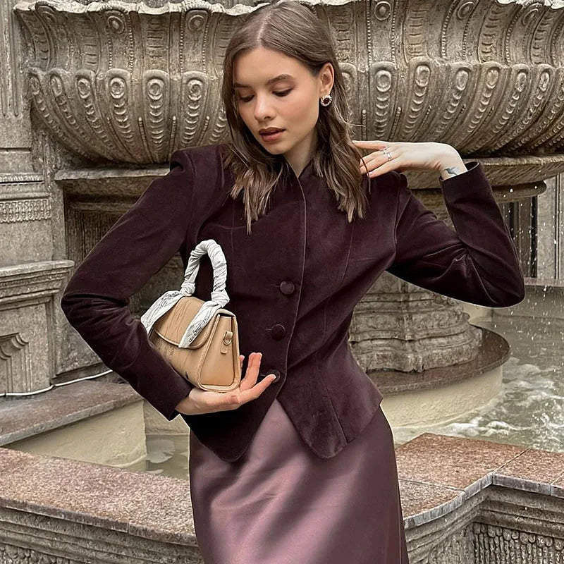 maoxiangshop - Vintage Velvet Stand Collar Short Coat Women Elegant Slim Solid V-neck Single-Breasted Coats Female Autumn Fashion Streetwear